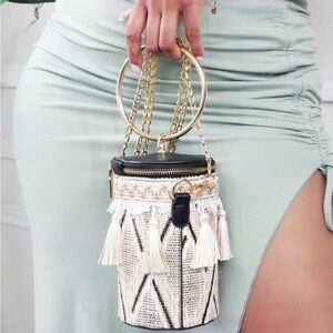 Elegant Gold and Cream Mini Bag with Tassels